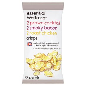 essential Waitrose, prawn cocktail, smoky bacon & roast chicken crisps