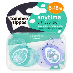 Tommee Tippee 6-18month anytime boy soothers, pack of 2, assorted