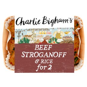 Charlie Bighams beef stroganoff & rice