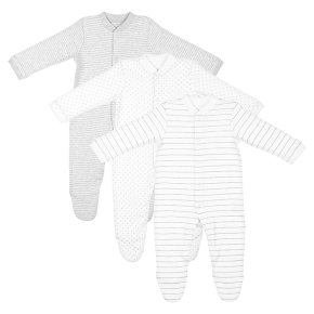 Waitrose 3PK SLEEPSUIT WHITE/GREY - 6/9 M
