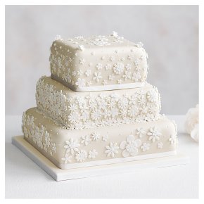 Blossom 3 Tier Ivory Wedding Cake, Fruit (Base tier) & Golden Sponge (Middle) & Chocolate Salted Caramel (top tier)