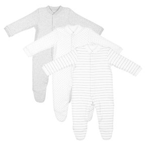 Waitrose 3PK SLEEPSUIT WHITE/GREY - 0/3 M