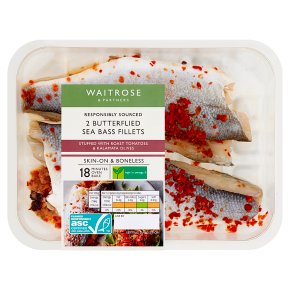 Waitrose boneless sea bass stuffed with slow roast tomatoes & kalamata olive