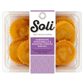 Soli aubergine, mozzarela & tomato ravioli