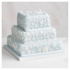 Blossom 3 Tier Pastel Blue Wedding Cake, Fruit (Base tier) & Golden Sponge (Middle) & Chocolate Salted Caramel (top tier)