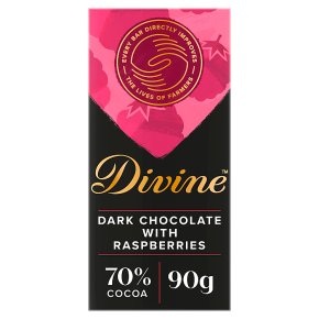 Divine Fairtrade dark chocolate with raspberries, 70% cocoa