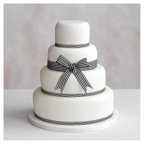 Classic Ribbon' 4 tier White Wedding Cake, Fruit (base) & Chocolate Sponge (3 tiers)