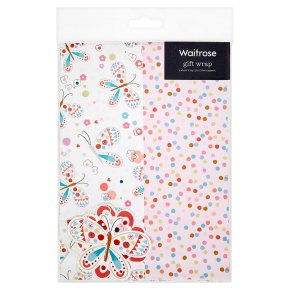 Waitrose butterflies & spot giftwrap, pack of 2 sheets and 2 tags